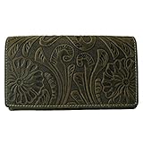 GoldenDeer XXL Geldbörse Portemonnaie, Portmonee aus Leder Frauen Damen Langbörse Geldbeutel Geldtasche Frauen Netz Design (Hill Burry Kollektion, grün, Blumen)