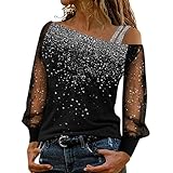 KGLHTYU Damen Sweatshirt T-Shirt Schulterfrei Oberteile Sexy Glitzer Langarmshirt Casual Mode Langarm Shirt Bluse Tops Tunika Elegante Einfarbig Pullover Jumper Spitze Streetwear L