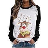 Weihnachtspullover Damen Casual O-Ausschnitt Patchwork Langarmshirt Nette Rotnasenrentier Pullover T-Shirt Basic Lang Ärmel Winterpullover Lockere Pulli Bluse Christmasdruck Xmas Festlich Kleidung