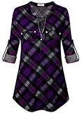 Siddhe Damen Kariert V-Ausschnitt Bluse Reißverschluss T-Shirt Oberteile Elegant 3/4 Ärmel Casual Longshirt, Schwarz-Lila Kariert XXXL