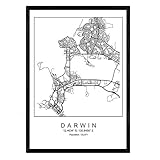 Drucken Stadtplan Darwin skandinavischen Stil in Schwarz und Weiß. A3 Größe Plakat Das bedruckte Papier Keine 250 gr. Gemälde, Drucke und Poster für Wohnzimmer und S