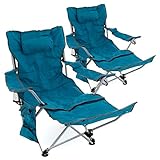 2er Set Campingstuhl Luxus Campingliege gepolstert abnehmbare Fußstütze verstellbar Armlehnen 2 Getränkehalter Kopfkissen 100 kg Polyester Stahlgestell faltbar blau schwarz Farbe wählbar (Blau)