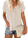 Dokotoo Damen Bluse Sommer Kurzarm Oberteile Aprikose Spitzen Aushöhlen T-Shirt Casual V-Ausschnitt Shirts Tops M