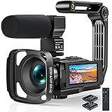 Videokamera 2.7K Camcorder, 2021 Full HD IR Nachtsicht Anti-Shake Vlogging Kamera für YouTube, 3.0' Touchscreen, Mikrofon, Gegenlichtblende, Handstabilisator, Fernbedienung