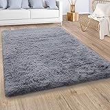 Paco Home Hochflor Teppich Wohnzimmer Fellteppich Kunstfell Shaggy Flauschig Einfarbig Grau, Grösse:140x200