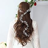 Braut Haarschmuck Blumen: Brautschmuck Haare: Braut Silber Extra Lange Perlen und Kristallperlen Haarranke Schmuck Weiße Blume Blatt Strass Kopfschmuck für Braut Brautjungfer Mädchen (50cm)