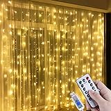 Lichtervorhang Aussen 3x3m,300 LEDs USB Vorhang lichterkette, Weihnachtsdeko Fenster Beleuchtet 8 Modi mit Fernbedienung Innen und Außen Vorhang Lichter für Zimmer Schlafzimmer Hochzeit Deko, Warmweiß