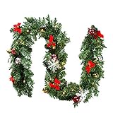 Faziango Weihnachtsgirlande 5m, Tannengirlande mit 100 LED warmweiß inkl. Deko, Künstliche Girlande Weihnachtsdeko für Weihnachten, Treppen, Kamine, Grü