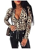 Carolilly Damen Bodysuit V-Ausschnitt Leopard Schlangenhaut Druck Body Bodycon Overall Langarm Jumpsuit,Style-c,S