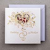 Art Nuvo HOCHZEITSEINLADUNGEN - 20 St. 135x135mm, MIT BEDRUCKBAREN EINLAGEN UND UM-SCHLÄGEN FÜR HOCHZEIT – LASERGESCHNITTEN, MIT GOLDFOLIE VEREDELT. GEPRESSTES MUSTER AUF METALLICKPAPIER, ZAP_DE_05