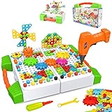 HOMETTER Bauspielzeug with Elektrische Bohrmaschine, 181 Stücke Konstruktionsspielzeug STEM Mint-Lernspiel für 3 4 5 6 7 8 9 10+ Jahren Junge und M