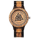 Unisex Verstellbare Quarz-Armbanduhren Im Nordischen Stil, Handgefertigte Vintage-Kreisuhr Aus Holz, Mit Wikinger-Runen-Alphabet Und Schwarzem Valknut-Symb