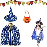 Tuofang Kinder Halloween Kostüm, Halloween Kostüme Hexen Zauberer Umhang mit Hut, Kürbis Candy Bag, Halloween Kostüme Cosplay Verkleidung für Jungen Mädchen (Blau)