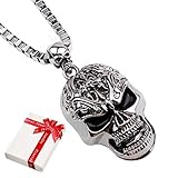 cholinchin Schmuck Edelstahl Totenkopf Skull Kette mit Anhänger,Punk Rock Schmuck Schädel Halskette Totenkopf Schädel Anhänger Biker Gotik mit 60cm Kette für Herren Mann,Silb
