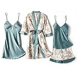 wsxcfyjh Pyjama Nachthemd Schlafanzug Print Pyjama Set Silky Damen Nachtwäsche Satin Spitze Schlaf Pyjama Lounge Mit Gürtel Brustpolster Sexy Strap Home Nachtwäsche XXL Lakegreen-4