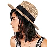 DRESHOW Strohhut für Damen, Fedora, Strand-Sonnenhut, Vintage-Stil, Kopfband, breite Krempe, Stroh, aufrollbar, LSF 30+, Panama Khaki, Einheitsgröß