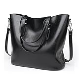 VECHOO Premium Damen Handtasche Leder Henkeltasche Vintage Umhängetasche Schultertasche klein Shopper Taschen(Schwarz) 32 * 29 * 13