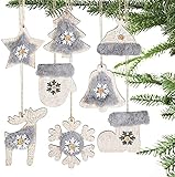 Super Idee Christbaum-Schmuck - Behang Set aus Holz - 8-teilig - Baumbehang in Natur/Grau/Weiß Weihnachtsdekoration mit plüschigem Fell und Knopf Weihnachten Anhänger Baumschmuck Vintage Verzierung