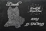 Schiefertafel mit wetterfester Lasergravur des Motives 'Hund-028' West Highland Terrier Westi (mit dem Musterbild oder Ihrem eigenen Foto - siehe Auswahl) und Ihrem Text/Daten in der gewünschten Schriftart z.B. als Grabstein auf das Grab oder als Gedenkstein für Zuhause von LaserArt24