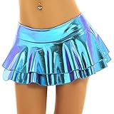Jowowha Damen Rock Minirock Glänzend Metallic Mini Skater Rock Faltenrock Kurze Röcke Plissee Rock GOGO Party Clubwear B Blau M