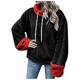 Wancooy Kapuzen-Sweatshirt für Damen, Farbblock-Patchwork-Stil, mit Kordelzug, warmes Kunstfell-Fleecepullover, Schwarz , 38
