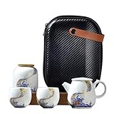 fanquare Tragbare Reise Tee Set mit Reisetasche, Porzellan Teeservice mit Meereswelle und Blume Motiv, Teekanne mit Teetassen und T