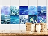 GRAZDesign Fliesenaufkleber Bad 15x15 - Fliesen zum Aufkleben | Selbstklebende Folie für Badezimmer | 10 Blaue Motive mit Wasser (15x15cm // Set 20 Stück)