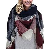 Damen Schal - Kariert übergroßer XXL Winterschal Deckenschal Weich Warm Herbstschal Kariert Karo Tartan Streifen Fransen Poncho, Plaid Schwarz Grau Rot A, M