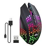 RGB Superleichte Gaming Maus, PTN Ergonomisches Wabendesign, Wiederaufladbare Kabellose Wabenspielmaus, Optischer Sensor mit 1600 DPI Kern, Stummes, Wasserdichtes Design (schwarz)