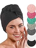 LAYNENBURG Premium Haarturban mit Knopf aus 100% Baumwolle - Haar-Handtuch inkl. 4 Haargummis - für Kurze und Lange Haare – Turban Handtuch ist schnelltrocknend und saugstark (schwarz)