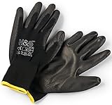 12 Paar Arbeits-Handschuhe von ISC H&S, Nylon, PU-beschichtet | verfügbar in S small (7), M medium (8), L large (9), XL x-large (10), XXL xx.large (11) | nahtlos, vielseitig, schwarz, Größe 9 (L)