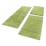 Teppich Bettumrandung Läufer Set Hochflor Shaggy Teppich einfarbig Wohnzimmer, Farbe:Grün, BettSet:2 x 60x110 cm + 1 x 80x150