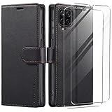 ivencase LederHülle Kompatibel mit Samsung A12/M12 Hülle und 2 Stück Panzerglas, Premium PU Schutzhülle Flip mit Tasche Brieftasche Magnetverschluss handyhülle für Samsung Galaxy A12/M12 - Schw
