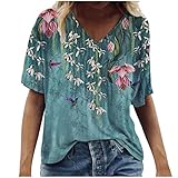 Kurzarm T-Shirt Oberteil Druckbluse Geschenk Sommer Top Damen Ärmeln Bluse Elegante Lässige Mode mit Buntem 2021 Neue Crop Tops (H-Blau, XXL)