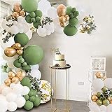 Green Balloon Garland Arch Kit, Luftballons Girlande Dekoset, 105Pcs White Gold Latex Luftballons für Babyparty, Geburtstag, Hochzeit, Dschungelsafari Party Dek