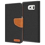 Conie Samsung Galaxy S6 Edge+ Plus Hülle für Galaxy S6 Edge+ Plus Tasche, Textil Denim Jeans Look Booklet Cover Handytasche Klapphülle Etui mit Kartenfächer, Schw