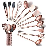 HOMQUEN Set Küchenutensilien aus Kupfer, 13-teiliges Kochgeschirr aus Edelstahl mit Titan-Roségold-Beschichtung, Küchenutensilien-Set mit Utensilienhalter für Antihaft-Kochgeschirr (13 Packungen)