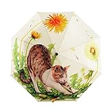 FakeFace® Silber Coating Regenschirm Sonnenschirm 3 Faltbar Doppeldach 8 Rippen Manuell Öffnen UV-Schutz Schirm für Damen Herren Outdoor Camping Reise Alltag 108 cm (Faule Katze)