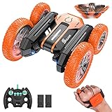 Selvim Ferngesteuertes Auto,4WD RC-Stunt-Auto mit Hand-Fernsteuerung für Kinder ab 3 jahre,Orange-schwarz 360°-Drehungen Beidseitige Fahrt für drinnen und draußen geeig