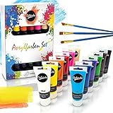 Colardo ® Acryl Farben Set [12x 75ml] Acrylfarben - Inklusive 3 Pinsel – Wasserfeste Acrylfarbe für Leinwand, Holz, Papier und Stein - Acrylfarben Set für Kinder & Erw