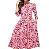 Lialbert Damen Kleid Blumenmuster Partykleider 3/4 Ärmel Langarm Blumen Minikleid Vintage Retro Abendkleid Festlich Strandkleid A-Linie Cocktailkleid Knielang Ballkleid Große Größ