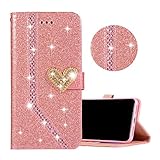 Obesky Hülle für Huawei P8 Lite 2017, Bling Glitzer PU Leder Flip Wallet Case mit Diamant Liebe Herz Magnetverschluss Standfunktion Kartenfach Schutzhülle für Huawei P8 Lite 2017, R