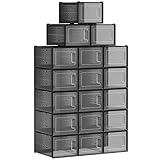 SONGMICS Schuhboxen, 18er Set, Aufbewahrungsboxen für Schuhe, Schuh-Organizer, Kunststoffboxen, faltbar und stapelbar, für Schuhe bis Größe 44, transparent-schwarz LSP007T18