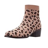 DAIFINEY Damen Winterstiefel Leopard Elastizität Stricken Kurzschaft Stiefel Ankle Boot Halbstiefel Stiefelette Bootie Schlupfstiefel Schneestiefel Winterschuhe(1-Braun/Brown,36)