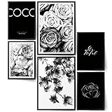 BLCKART Infinity Premium Poster Set Coco Floral Edle Doppelseitige Bilder Schlafzimmer Deko | 2X A3 | 4X A4 (Coco FLORAL Black & White | 6er, Holzrahmen (schwarz))