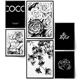 BLCKART Infinity Premium Poster Set Coco Floral Edle Doppelseitige Bilder Schlafzimmer Deko | 2X A3 | 4X A4 (Coco FLORAL Black & White | 6er, Holzrahmen (schwarz))