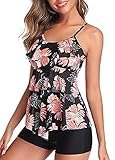 Summer Mae Damen Tankini Volants Badeanzug mit Badeshorts Zwei Teilig Bademode Blumen M