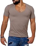 Young & Rich/Rerock Herren Uni T-Shirt mit extra tiefem V-Ausschnitt Slimfit deep V-Neck Stretch dehnbar einfarbiges Basic Shirt, Grösse:L, Farbe:Hellb