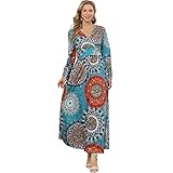 LOLIDIRECTS Damen Langarm Wickelkleid V Ausschnitt Floral Kleid Plissee Taille Casual Lang Maxikleid mit Taschen, Langes Blumenmuster, Blau,