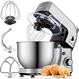 Küchenmaschine Nestling 800W Knetmaschine Rührmaschine mit 5L Edelstahl-Rührschüssel, 6 Geschwindigkeiten Geräuscharme Teigknetmaschine, Schläger, Knethaken & Schlagbesen - Silb